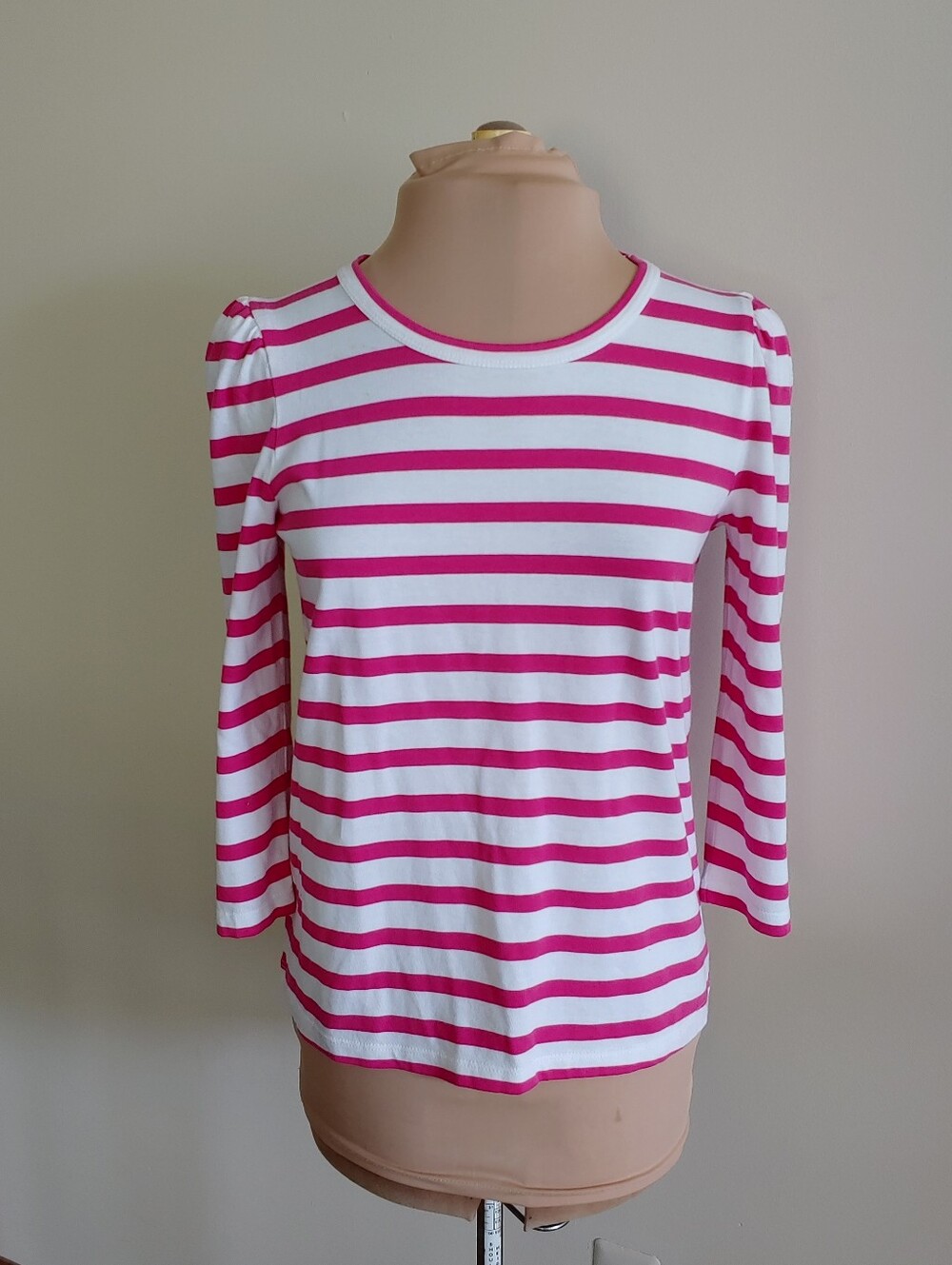 NWT New J Crew Tee Medium 3/4 Sleeve Pink White Puff Sleeve
